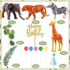 Hooqict 34 Pcs Safari Animal Cake Toppers with Mini Birthday Party Hats Party Animal Birthday Decorations Jungle Cake Decorations for Kids Wild Zoo Theme Party Decorations