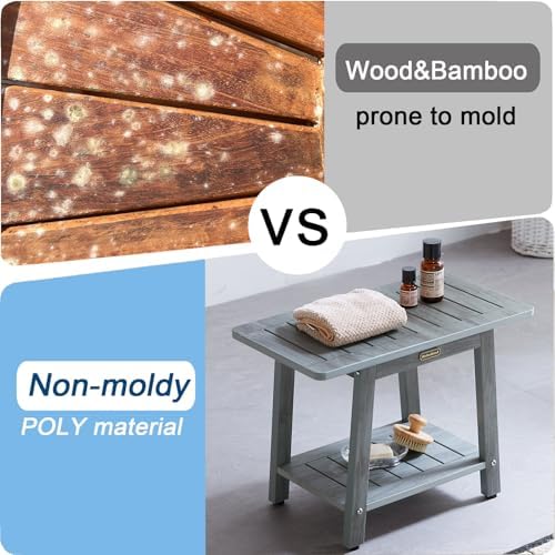 HDPS Shower Bench Seat for Inside Shower, Waterproof Shower Stool for Shaving Legs, Poly Lumber Shower Chair Seat, Bathroom Shower Foot Rest Stool with Storage Shelf, No-Slip, Gray