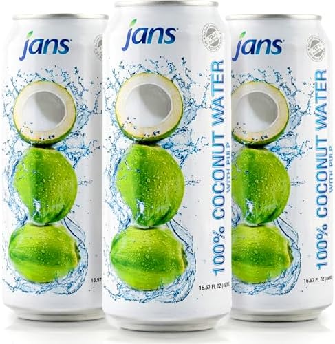 Jans 100% Coconut Water, NO Added Sugar, With Pulp (16.57 Fl Oz, Pack of 12) - Refreshingly Delicious, Hydration with Electrolytes
