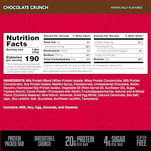 BSN Protein Crisp Bar, Chocolate Crunch, 20 Gram Protein Snack Bars with Whey and Fiber, Gluten-Free Crunchy Energy Bars for Workout, Fitness, On-the-Go, 12 Count