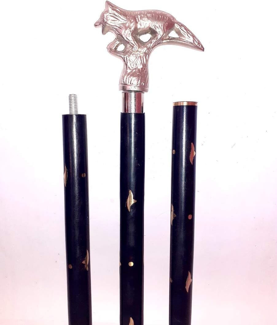 Silver Antique Handmade Dragon Walking Cane Wolf Head Handle Wooden Walking Wood, Aluminum Stick