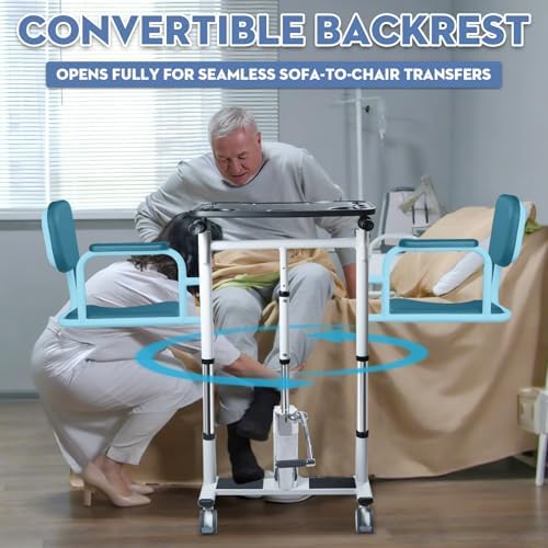 4 in 1 Patient Hydraulic Lift Transfer Chair, 180° Split Seat Commode Wheelchair, Height Adjustable, 440 lb Capacity Patient Transfer Chair for Elderly, Home Transfer Chairs for Seniors Handicapped