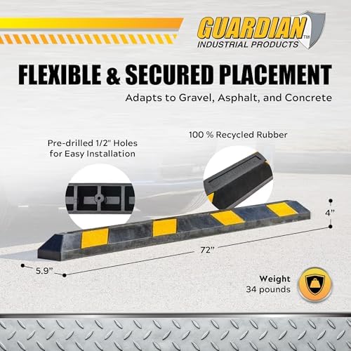Guardian Parking Stop, Rubber Stopper and Curb with Mounting Holes, 6 Ft, Black/Yellow - Highly Visible Accessory for Car and Passenger Safety - Ideal for Job Sites, Driveways, and Garages