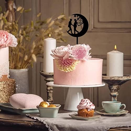 2 Grooms with Moon And Stars Cake Toppers Men Anniversary Decoration Cake Toppers Same Sex Silhouette Homosexual Gay Wedding Decor LGBT Toppers, Acrylic Black