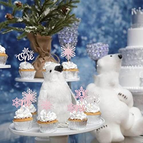 Rsstarxi 24 Pack One Cupcake Toppers - 1st Birthday Snowflake Cupcake Picks - First Birthday Cake Decorations - Silver Pink