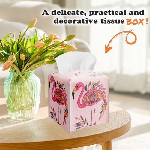 Pink Flamingos Tissue Box Cover Holder, Watercolor Leather Tissue Box Cover Square, Napkin Dispenser Accessories for Bathroom Vanity Countertop, Bedroom Dresser, Night Stand, Desk, Office