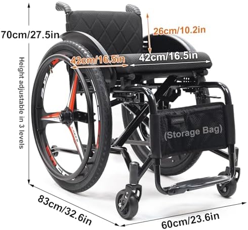 Foldable Ultra Lightweight Sports Wheelchair,Transport Wheelchairs,Portable All-Terrain Self Propelled Aluminum Alloy Manual Wheel Chair with Anti-Tipper,Load Capacity 220 Lbs(Black A)
