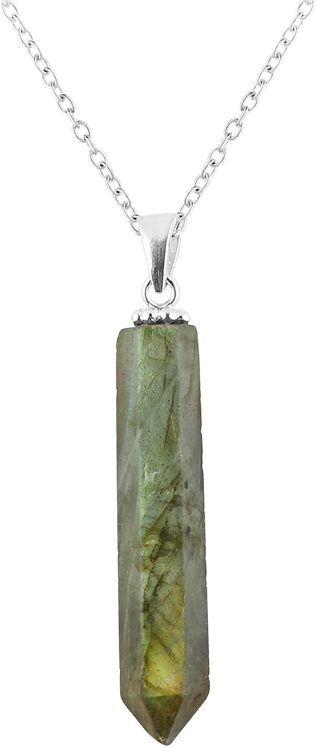 Pencil Pendant Necklace for Women |Natural Healing Crystal Hexagonal Point Reiki Chakra Pendant 15-25 Carat | 8–14 mm Stone | Silver Plated Chain 16+2 Inch Adjustable