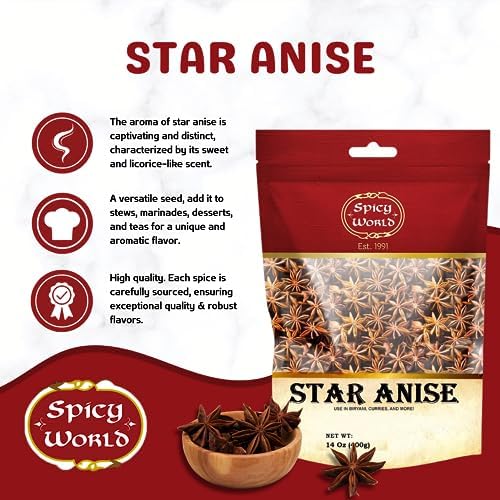 Star Anise 14 Oz Bulk Bag | Premium Quality Whole Pods | Chinese Star Anise Pods - Perfect for Flavorful Dishes | Great for Baking & Tea by Spicy World