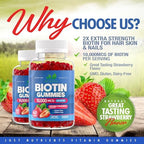 Biotin 10,000mcg Gummies for Hair Growth, Skin & Nails - 2x Maximum Strength Biotin Vitamins for Women & Men - Gluten-Free, Vegan, Non-GMO, Great Tasting Strawberry Flavor - 60 Gummies (1 Month)