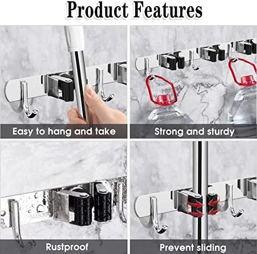 3 Racks and 4 Hooks Broom and Mop Holder Wall Mounted Garage Organizer Storage Tool Racks Stainless Steel Heavy Duty Hooks Self Adhesive Solid Non-slip Wall Hangers for Home Kitchen Garden Laundry