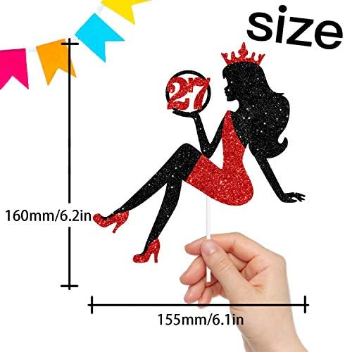 27 Red & Black Sitting Girl Silhouette Cake Topper Decorations with Glamour for Lady 27 Birthday Theme Queen Sexy Party Decor Supplies
