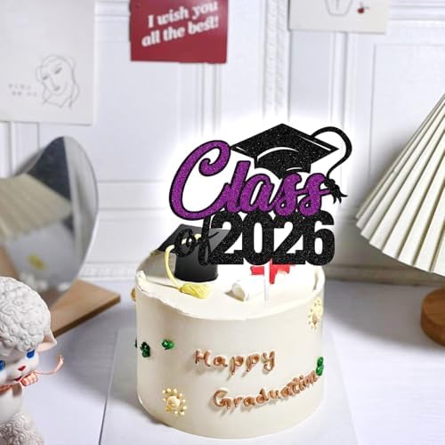 Aeryourtar Class of 2026 Cake Topper, Congrats Grad 2026 Graduation Cake Decor, So Proud of You, High School/College Graduate Celebration Party Decoration Supplies, Black and Purple Glitter