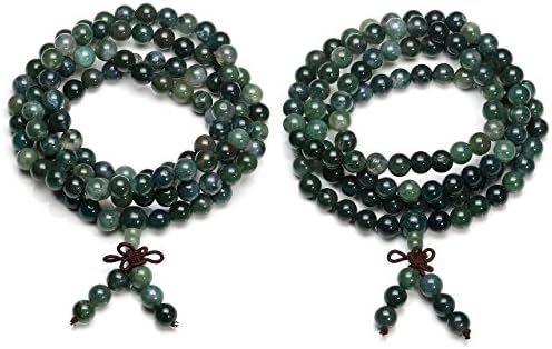 Jovivi 108 Mala Beads Bracelet 6mm 8mm Natural Indian Agate/Green Moss Agate Gemstone Healing Crystal Stone Beaded Bracelet Hand Knotted Prayer Mala Beads Necklace for Yoga Meditation Balance