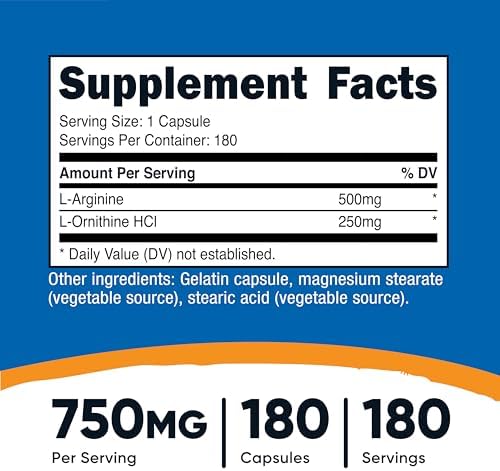 Nutricost L-Arginine L-Ornithine 750mg; 180 Capsules