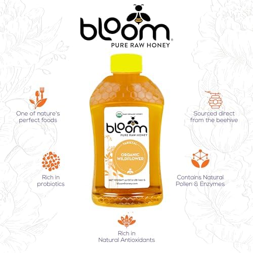 Bloom Honey Award Winning 100% Pure Organic Raw Honey Unfiltered and Unpasteurized USDA, Kosher Certified Raw Honey (Wildflower, 32oz)