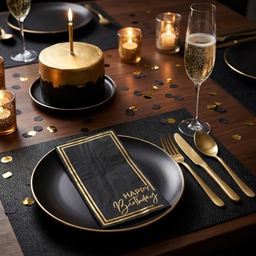 Horaldaily Birthday Disposable Paper Decorative Guest Napkins, Happy Birthday Gold Foil Black Elegent Celebration Hand Towel for Party Lunch Dinner Kitchen Bathroom