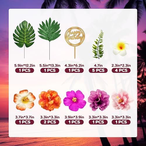 18pcs Hawaiian Flowers Cake Decorations Tropical Themed Cake Toppers Summer Flower Cupcake Topper with Palm Leaves Hibiscus Luau Cupcake Topper Aloha Beach Decor for Birthday Party Supplies