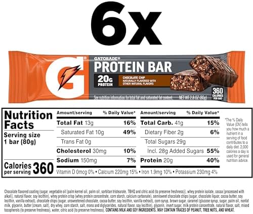 Gatorade Whey Protein Recover Bars Chocolate Chip, 2.8 Oz, 6 Ct