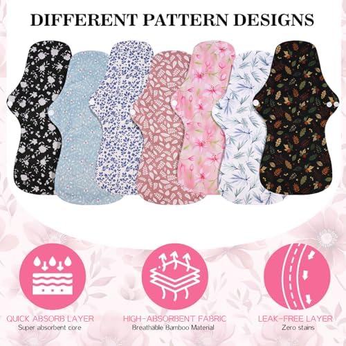 PHOGARY 7 Pack Reusable Menstrual Pads Large Sanitary Pads Set for Heavy Flow with 1 Wet Bag, Washable Overnight Cloth Panty Liners with Wings for Women, 33cm