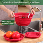 Collapsible Silicone Colander Bowl Set,BPA Free, Heat Resistant, Stainless Steel Nesting, Portable Washing Basket Strainer Drain Basin for Pasta, Vegetable and fruit, Kitchen, Camping, Hiking