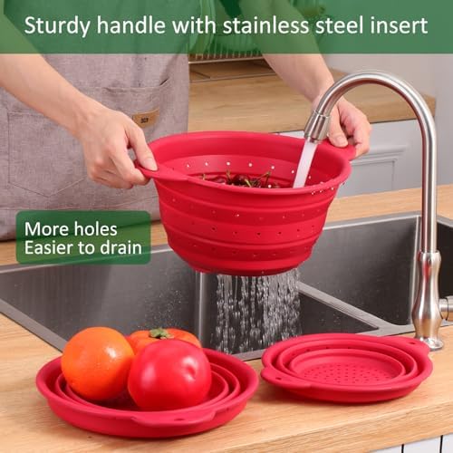 Collapsible Silicone Colander Bowl Set,BPA Free, Heat Resistant, Stainless Steel Nesting, Portable Washing Basket Strainer Drain Basin for Pasta, Vegetable and fruit, Kitchen, Camping, Hiking