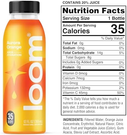 Aurora Orange Juice Drinks by Loom, Low Sugar Juice, Real Fruit, No Added Sugar, Healthy Hydration, 30 Calories, Non-GMO, 12 oz bottles, 12 pack