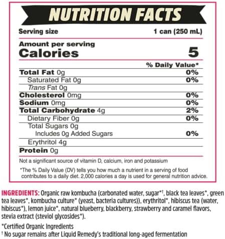 Liquid Remedy Kombucha Sugar Free Organic Drink, Low Calorie, Probiotic Like Tea for Gut Health - Mixed Berry - 8.5 Fl Oz Can, 24-Pack