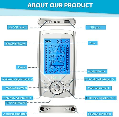 Belifu Dual Channel TENS EMS Unit 24 Modes Muscle Stimulator for Pain Relief Therapy, Electronic Pulse Massager Muscle Massager with 10 Pads, Dust-Proof Drawstring Storage Bag, Fastening Cable Ties