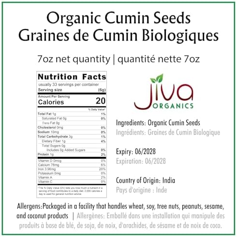 Jiva USDA Organic Cumin Seeds Whole 7oz - Packaged in Resealable Bag