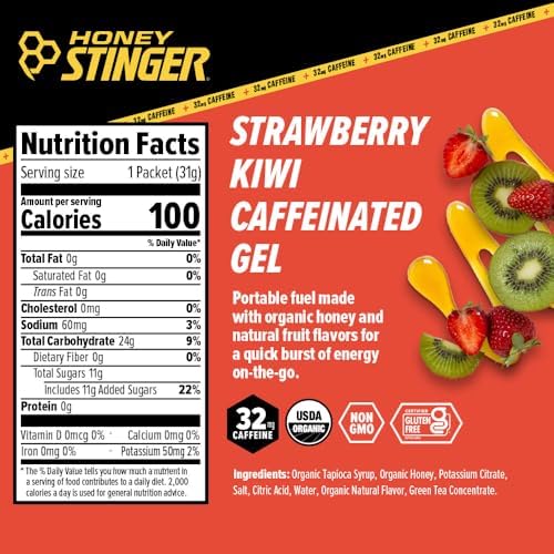 Honey Stinger Strawberry Kiwi Energy Gel, Caffeinated & Gluten Free with Organic Honey, for Exercise, Running and Performance, Sports Nutrition for Home & Gym, Pre and Mid Workout, 24 Pack