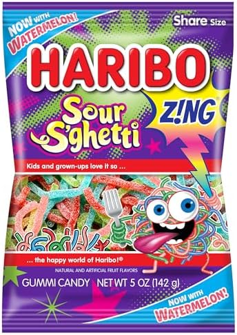 HARIBO Gummi Candy, Z!NG Sour S’ghetti, Sour Gummy Candy, 5 Ounce Bag (Pack of 12) Delicious Soft & Chewy Snacks, Assorted Fruity Flavors