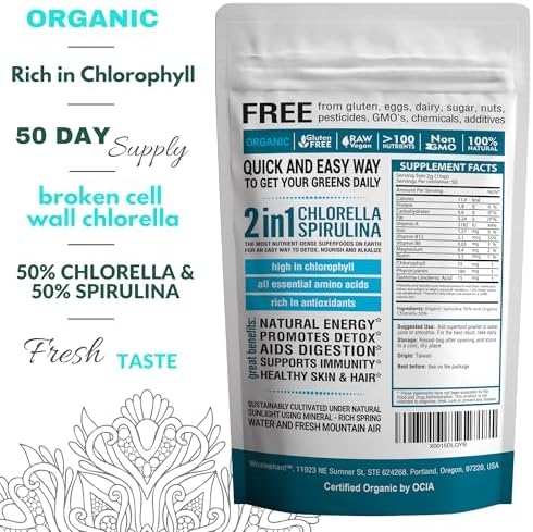 Chlorella Spirulina Powder Organic | Super Greens Powder and Smoothie Mix | Rich in Chlorophyll for Immune Support and Energy | Raw Vegan Protein | Spirulina Chlorella Powder | 50 Servings