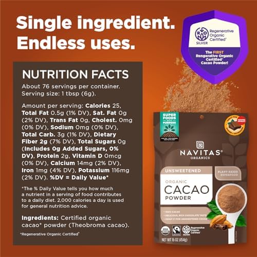 Navitas Organics Cacao Powder - Cocoa Powder Substitute 1:1, For Hot Chocolate, Baking & More - Regenerative Organic Certified, Non GMO, Fairtrade, Gluten Free, Non-alkalized (16oz. Bag, Pack of 2)