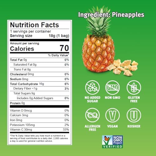 Crispy Green Freeze-Dried Pineapple Fruit Snacks, 0.63 Oz (Pack of 12), 100% Pure Fruit, All-Natural, No Added Sugar, Single-Serve Bags for Healthy Snacks & School Lunches