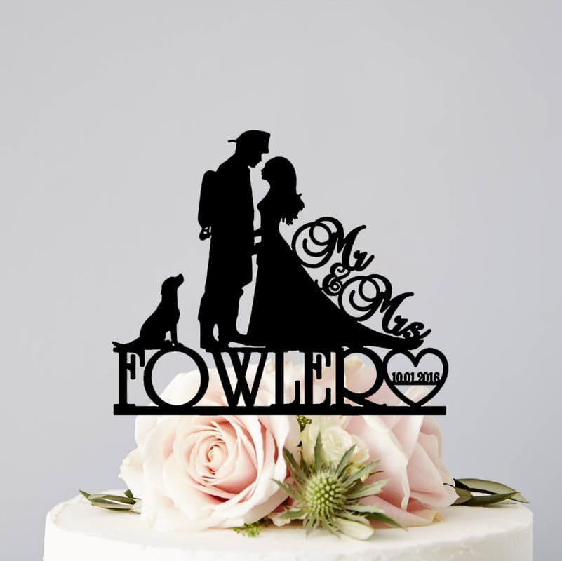 Wedding Cake Topper Custom With Surname Date And Dog Fireman Wedding Bride Fire Fighter Acrylic, 6-7.8 Inch Couple Customized For Anniversary