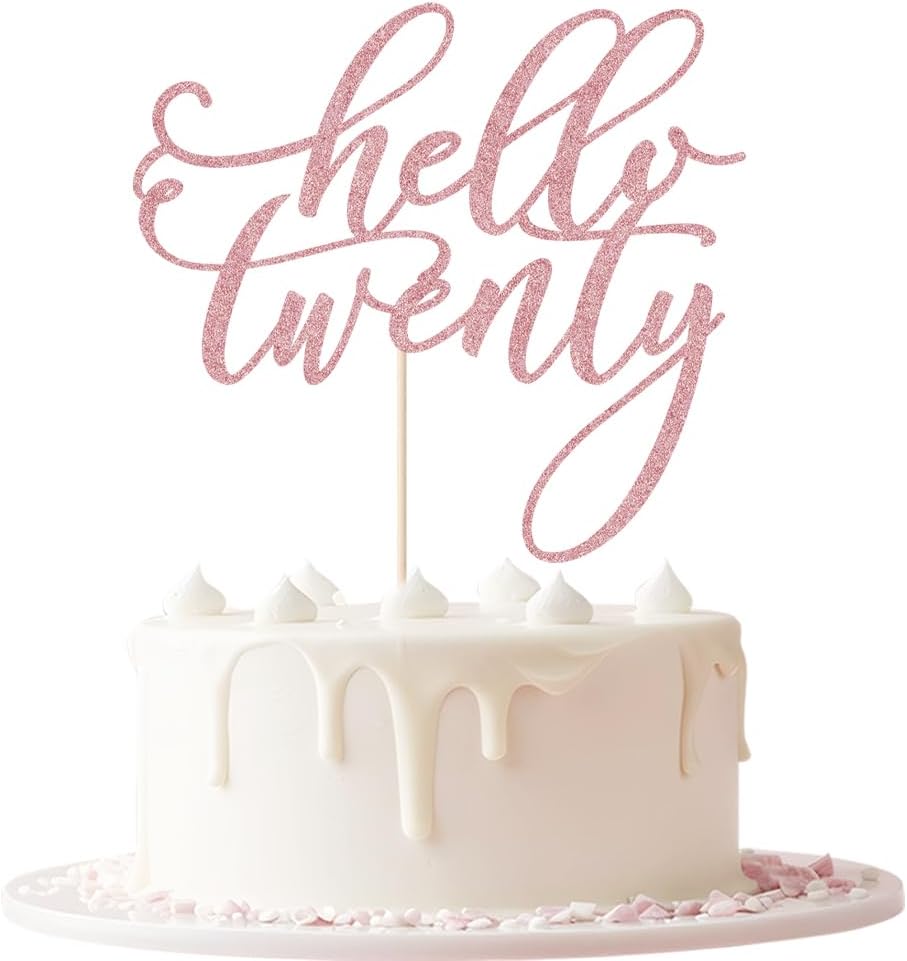 Hello Twenty Cake Topper, Happy 20th Birthday Cake Decorations, Handwriting Script 20th Anniversary Party, Rose Gold Glitter