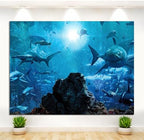 7x5ft Fabric Shark Theme Backdrop Deep-sea Ocean Shark Reef Aquarium Photography Background Birthday Theme Party Decoration Banner Kid Diver Portrait Photo Studio Props