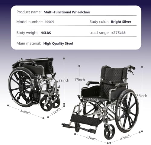 Self-Propelled Wheelchairs for Adults, Foldable Manual Wheelchair with 20"W x 15"D Seat, Wheel chairs for Adults with Dual Locking Brakes & Cushion, 275 Lbs Capacity, 24" Quick Release Wheels, Silver