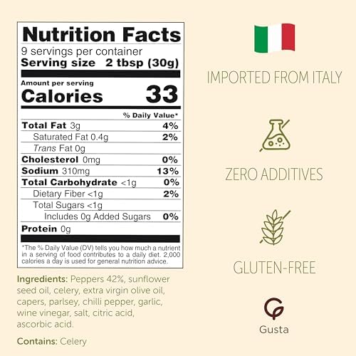 Gusta Pepper Compote in Olive Oil on a Bed of Spices - Made in Italy - Organic Bell Peppers Glass Jar with Extra Virgin Olive Oil - Non-GMO, All Natural - Perfect Snack - 9.88oz Glass Jar