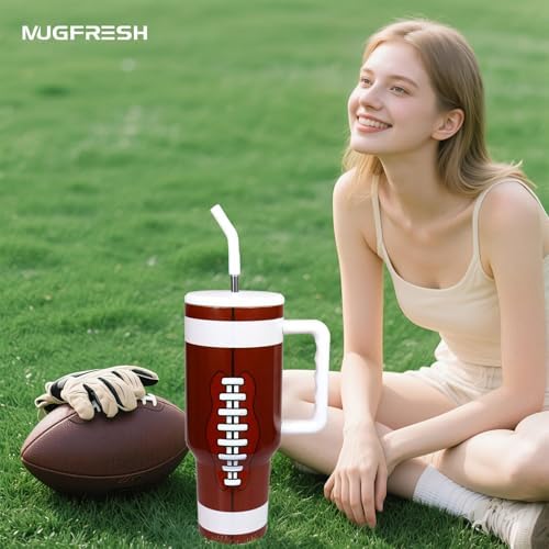 Football Tumbler 40 oz with Handle and Straw, Football Gifts for Sports Lovers Cup Holder Friendly Insulated Travel Mug Stainless Steel Water Bottle