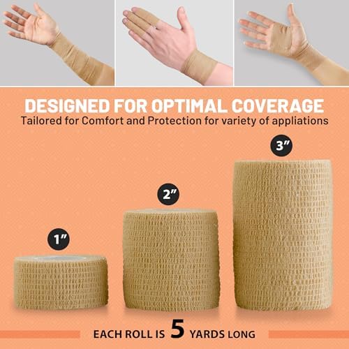 Self Adherent Cohesive Tape - (Pack of 12) 1” 2" 3" x 5 Yards, (Light Tan) Self Adhesive Bandage Rolls & Sports Athletic Wrap for Ankle, Wrist, Sprains