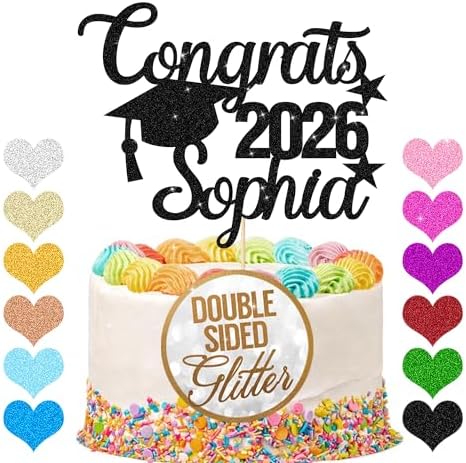 Personalized Graduation Cake Topper Class of 2026 Cake Toppers Graduation Gifts Glitter Congrats Cake Topper with Any Name for Son Daughter Friends Grandson Cake Decorations (Black)