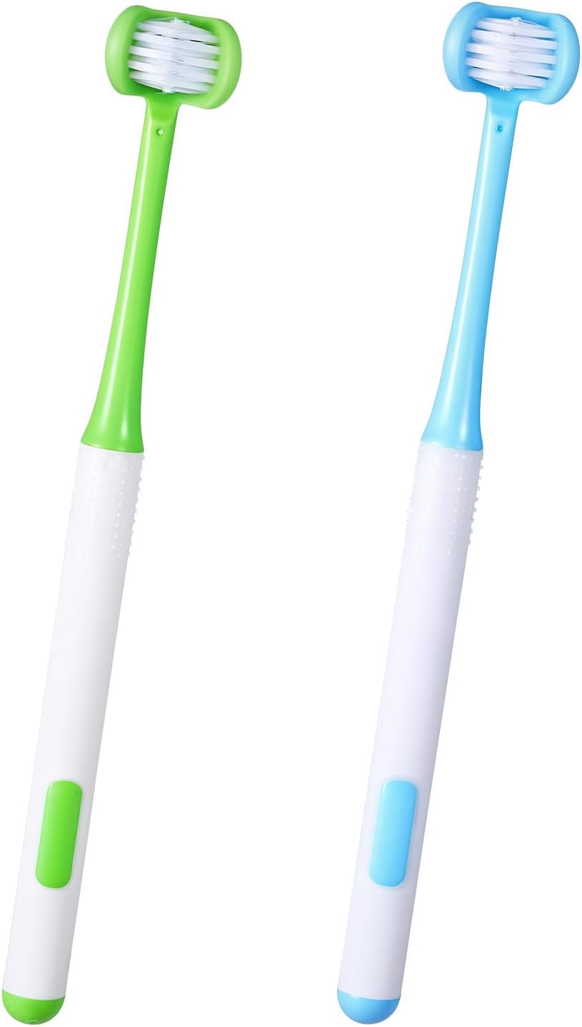 3 Sided Toothbrush, 2Pcs U-Shaped Autism Toothbrush 360° Oral Teeth Cleaning Triple Bristle Toothbrush, Soft Sensory Toothbrushes for Toddler Kid Adult Complete Tooth Care (Blue, Green)