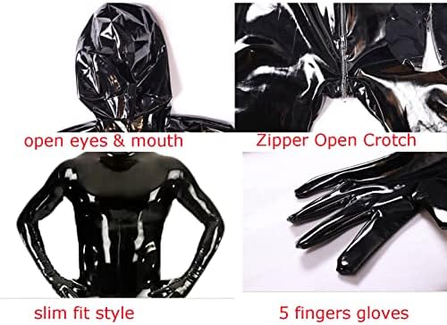 LESOYA Men's Shiny Wetlook PVC Leather Zipper Crotch Bodysuit Full Body Catsuit Attached Hood Gloves