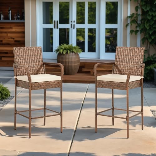 ECOTOUGE Patio Wicker Barstools Set of 2, Outdoor Rattan Bar Height Chairs with Armrest & Backrest, Soft Cushion, Footrests, All-Weather Furniture for Backyard, Pool, Garden, Deck, Brown
