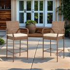 ECOTOUGE Patio Wicker Barstools Set of 2, Outdoor Rattan Bar Height Chairs with Armrest & Backrest, Soft Cushion, Footrests, All-Weather Furniture for Backyard, Pool, Garden, Deck, Brown
