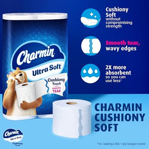 Charmin Ultra Soft Cushiony Touch 2-Ply Toilet Paper, 18 Family Mega Rolls = 90 Regular Rolls, White