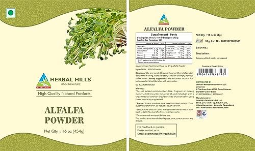 Herbal Hills Alfalfa Powder | 16 Oz (454 GMS) | Green Superfood Dried Whole Young Leaves