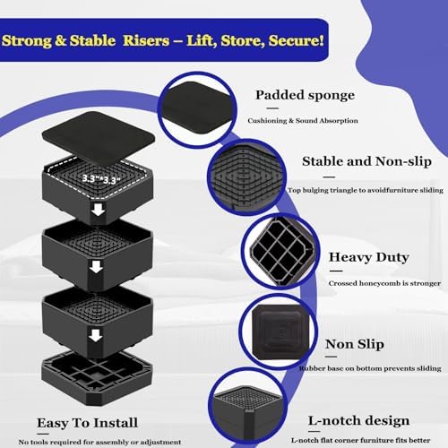 Bed Risers Heavy Duty, Adjustable Furniture Riser Blocks Lift 1.5, 3, 4.3 inches for Couch Table Desk Sofa Chair Legs, Refrigerator, Washing Machine - Support up to 4000 lbs (Black 4 Pack, 3 inch)